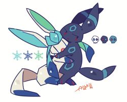 Rule 34 | alternate color, annoyed, artist name, auko, blue eyes, color guide, creatures (company), fang, full body, game freak, gen 2 pokemon, gen 4 pokemon, glaceon, half-closed eyes, hug, looking to the side, nintendo, no humans, open mouth, poke ball symbol, pokemon, pokemon (creature), red eyes, shiny pokemon, signature, simple background, skull, snowflakes, umbreon, white background