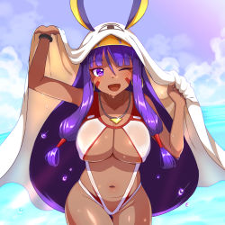 Rule 34 | 1girl, ;d, areola slip, arm up, beach, blanket, blunt bangs, blush, bracelet, breasts, cleavage, collarbone, cowboy shot, dark-skinned female, dark skin, day, fate/grand order, fate (series), hair tubes, hand up, heart, heart-shaped pupils, highres, jewelry, large breasts, leaning forward, long hair, looking at viewer, low-tied long hair, navel, necklace, nitocris (fate), nitocris (fate/grand order), nitocris (swimsuit assassin) (fate), nitocris (swimsuit assassin) (second ascension) (fate), one-piece swimsuit, one eye closed, open mouth, outdoors, purple eyes, purple hair, smile, solo, swimsuit, symbol-shaped pupils, thighs, veil, white one-piece swimsuit, zaxwu