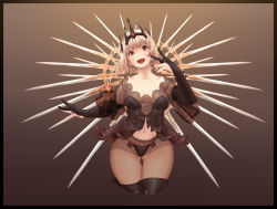 Rule 34 | 1girl, absurdres, babydoll, black border, black gloves, black panties, blonde hair, blush, boots, border, breasts, corset, cowboy shot, cropped legs, crown, elbow gloves, gloves, gluteal fold, gradient background, highres, naidong (artist), nail polish, navel, open mouth, original, panties, panties under pantyhose, pantyhose, red eyes, see-through, short hair, simple background, smile, solo, strapless, thigh boots, thigh gap, thighhighs, underwear