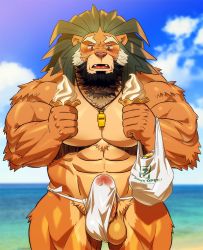 Rule 34 | 1boy, abs, animal ears, arsalan (tokyo houkago summoners), bag, bara, beach, beard, blonde hair, blush, brown fur, bulge, erection, erection under clothes, facial hair, feet out of frame, food, fundoshi, furry, furry male, green hair, holding, ice cream, japanese clothes, large pectorals, lifeguard, lion boy, lion ears, male focus, male pubic hair, male swimwear, mature male, medium hair, multicolored hair, muscular, muscular male, nipples, pectorals, penis, penis peek, pubic hair, rossciaco, see-through, shopping bag, sky, solo, stomach, testicle peek, thick thighs, thighs, tokyo houkago summoners, topless male, two-tone hair, water, wet, wet clothes, whiskers, whistle, whistle around neck, white male swimwear