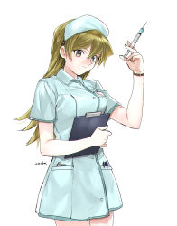 Rule 34 | 1girl, 203wolves, blonde hair, brown eyes, closed mouth, collared dress, cowboy shot, dress, hair between eyes, hair ornament, hairclip, hat, highres, holding, holding syringe, long hair, nurse cap, pen in pocket, short dress, short sleeves, simple background, smile, solo, standing, straight hair, syringe, tenjouin asuka, white background, white dress, wing collar, yu-gi-oh!, yu-gi-oh! gx
