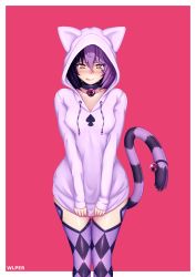 Rule 34 | 1girl, :p, absurdres, animal ears, animal hood, bell, black hair, blush, border, breasts, cat ears, cat hood, cat tail, cheshire cat (monster girl encyclopedia), commentary, drooling, english commentary, facial tattoo, hair between eyes, heart, heart-shaped pupils, highres, hood, licking lips, long sleeves, looking at viewer, monster girl, monster girl encyclopedia, multicolored hair, purple hair, pussy juice, red background, saliva, simple background, solo, symbol-shaped pupils, tail, tail bell, tail ornament, tattoo, thighhighs, thighs, tongue, tongue out, white border, wlper, yellow eyes