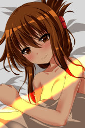 Rule 34 | 10s, 1girl, aged up, ar (lover boy), blush, breasts, brown eyes, brown hair, closed mouth, collarbone, folded ponytail, highres, inazuma (kancolle), kantai collection, looking at viewer, medium breasts, nude, on bed, pov across bed, smile, solo, sunlight, under covers, upper body