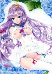 Rule 34 | 1girl, bad id, bad pixiv id, bare shoulders, blue eyes, breasts, breasts out, bridal veil, bride, colored pencil (medium), crescent, crescent hair ornament, dress, elbow gloves, f-b-e, flower, garter belt, garter straps, gloves, hair ornament, hair ribbon, hands on own chest, large breasts, long hair, looking at viewer, marker (medium), nipples, pastel (medium), patchouli knowledge, purple hair, ribbon, smile, solo, thighhighs, tiara, touhou, traditional media, tress ribbon, veil, very long hair, wedding dress, white gloves, white thighhighs