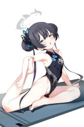 Rule 34 | 1girl, absurdres, bare legs, bare shoulders, barefoot, black hair, blue archive, blush, breasts, china dress, chinese clothes, double bun, dress, feet, hair bun, hair ornament, highres, kisaki (blue archive), legs, long hair, looking at viewer, no panties, open mouth, shionji ax, simple background, sitting, small breasts, soles, solo, stretching, sweat, toes, white background, yoga