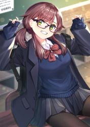 Rule 34 | 1girl, absurdres, backpack, bag, blazer, blue sweater, bow, bowtie, breasts, brown hair, classroom, commentary request, desk, glasses, green eyes, grin, highres, jacket, nishiuji, on desk, original, pantyhose, pleated skirt, school uniform, sidelocks, sitting, on desk, skirt, sleeves past wrists, smile, solo, sweater, thighs, twintails, uniform