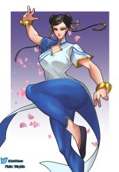 Rule 34 | 1girl, absurdres, black footwear, black hair, blue pants, bracelet, breasts, brown eyes, capcom, center opening, china dress, chinese clothes, chun-li, commentary, double bun, dress, english commentary, eyeshadow, fighting stance, flats, hair bun, hair ribbon, highres, jewelry, large breasts, lips, makeup, pants, petals, pixiv username, ribbon, richard park, short hair, short sleeves, solo, standing, standing on one leg, street fighter, street fighter 6, thick thighs, thighs, tight clothes, tight pants, twitter username, white dress