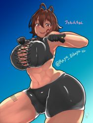 Rule 34 | 1girl, abs, absurdres, antenna hair, armpits, barcode, bare shoulders, black gloves, blue background, breasts, brown eyes, brown hair, cleavage, cowboy shot, curvy, dark skin, facial mark, gloves, gradient background, hair between eyes, highres, large breasts, looking at viewer, midriff, muscular, muscular female, navel, open mouth, original, shiruhiya, shorts, smile, solo, thick thighs, thighs