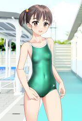 Rule 34 | 1girl, absurdres, black hair, brown eyes, collarbone, commentary request, competition school swimsuit, contrapposto, covered navel, green one-piece swimsuit, highres, indoors, one-piece swimsuit, open mouth, original, poolside, round teeth, school swimsuit, short hair, side ponytail, solo, stairs, standing, swimsuit, takafumi, teeth, upper teeth only, variant set