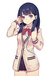 Rule 34 | 1girl, blue eyes, bow, bowtie, closed mouth, collared shirt, earphones, gridman universe, highres, kotoribako, long hair, long sleeves, looking at viewer, pleated skirt, purple hair, red bow, red bowtie, shirt, simple background, skirt, solo, ssss.gridman, takarada rikka, white background, white shirt, wing collar