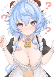 Rule 34 | ?, @ @, ayamal (mainichi ryokucha), bell, blue hair, breasts, cleavage, clothes pull, collarbone, detached collar, downblouse, dress, dress pull, frilled dress, frills, from above, ganyu (genshin impact), genshin impact, hair between eyes, hands up, highres, horns, large breasts, long hair, looking at viewer, maid, maid headdress, neck bell, pov, pov hands, purple eyes, sidelocks, simple background, upper body, white background