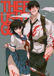 Rule 34 | 1boy, 1girl, baseball bat, belt, black hair, black pants, blood, blood on clothes, blood on face, blood on hands, bloody weapon, blue sailor collar, blue skirt, breasts, chest harness, cigarette, clothes lift, commentary, english commentary, father and daughter, fushiguro megumi, fushiguro touji, genderswap, genderswap (mtf), green eyes, gun, hair between eyes, hand in pocket, handgun, harness, height difference, highres, holding, holding baseball bat, holstered, jujutsu kaisen, lifted by self, long hair, looking at viewer, mature male, medium breasts, midriff, mouth hold, muscular, muscular male, nail, nail bat, neckerchief, pants, parted lips, pink lips, red neckerchief, sailor collar, scar, scar on face, scar on mouth, school uniform, serafuku, shinoda giri, shirt, short sleeves, skirt, skirt lift, smoke, smoking, standing, thick thighs, thighs, very long hair, weapon, white shirt