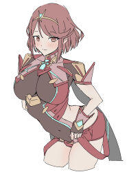 Rule 34 | 1girl, armor, black gloves, blush, breasts, chest jewel, cleavage, closed mouth, cropped legs, earrings, fingerless gloves, gem, gloves, hair ornament, headpiece, highres, jewelry, kame 0 0 kame, large breasts, looking at viewer, navel, pyra (xenoblade), red eyes, red hair, red shorts, short hair, short shorts, shorts, shoulder armor, simple background, solo, swept bangs, thighs, tiara, white background, xenoblade chronicles (series), xenoblade chronicles 2