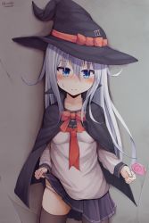Rule 34 | 1girl, absurdres, blue eyes, blush, bow, breasts, candy, food, hair between eyes, hair ornament, halloween, halloween costume, hat, hibiki (kancolle), highres, kantai collection, lifting own clothes, lollipop, long hair, long sleeves, looking at viewer, neckerchief, panties, pleated skirt, school uniform, serafuku, silver hair, skirt, small breasts, solo, sweatdrop, tateishi kureha, thighhighs, thighs, underwear, white panties, witch, witch hat