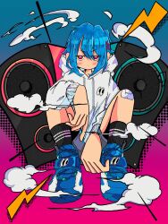 Rule 34 | 1girl, between legs, black socks, blue background, blue footwear, blue hair, bright pupils, closed mouth, cloud, drawstring, full body, grey shorts, hair between eyes, hair ornament, halftone, hand between legs, highres, hood, hood down, hoodie, jitome, lightning bolt symbol, long sleeves, looking at viewer, medium hair, nao97122, original, pink background, red eyes, revision, shoes, shorts, sitting, sneakers, socks, solo, speaker, straight-on, two-tone background, v-shaped eyebrows, white hoodie, white pupils, x hair ornament