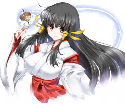Rule 34 | 1girl, aq interactive, arcana heart, atlus, bad id, bad pixiv id, black hair, breasts, brown eyes, examu, female focus, gradient background, hair ornament, hakama, hakama skirt, japanese clothes, kasuga maori, large breasts, long hair, miko, paopao, red hakama, simple background, sketch, skirt, solo, spinning top, upper body, white background