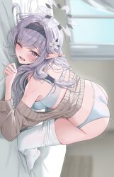 Rule 34 | 1girl, amyu (amm asl pa), bed sheet, black hairband, blue archive, blue bra, blue panties, blush, bra, brown sweater, clothes pull, commentary request, earclip, flower, grey halo, hair flower, hair ornament, hair tubes, hairband, halo, highres, himari (blue archive), long hair, looking at viewer, mole, mole under eye, one eye closed, open mouth, panties, pantyhose, pantyhose pull, pointy ears, purple eyes, sheet grab, solo, striped clothes, striped hairband, sweat, sweater, top-down bottom-up, underwear, white flower, white halo, white pantyhose