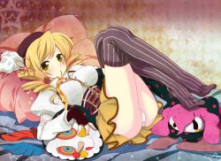 Rule 34 | 10s, 1girl, blonde hair, charlotte (madoka magica), drill hair, fingerless gloves, gloves, legs, legs up, long hair, lying, mahou shoujo madoka magica, mahou shoujo madoka magica (anime), masuyama kei, mouth hold, no shoes, on back, panties, pantyshot, striped clothes, striped thighhighs, thighhighs, tomoe mami, twin drills, twintails, underwear, vertical-striped clothes, vertical-striped thighhighs