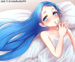 Rule 34 | 1girl, bed, blue eyes, blue hair, blush, breasts, dated, highres, interlocked fingers, kantai collection, long hair, looking at viewer, lying, nuka (nvkka), one-hour drawing challenge, open mouth, pillow, samidare (kancolle), small breasts, solo, under covers