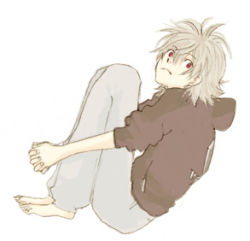 Rule 34 | 1boy, barefoot, expressionless, from side, full body, grey pants, hair between eyes, hood, hood down, hooded sweater, hugging own legs, knees to chest, knees up, leaning back, long sleeves, looking at viewer, looking to the side, lowres, lrk, male focus, nagisa kaworu, neon genesis evangelion, own hands clasped, own hands together, pants, red eyes, silver hair, simple background, sitting, sleeves pushed up, solo, sweater, white background