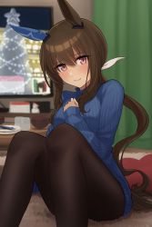 Rule 34 | 1girl, absurdres, admire vega (umamusume), black pantyhose, blue sweater, blurry, blurry background, blush, bowl, breasts, brown hair, calendar (object), carpet, commentary request, curtains, ear covers, hand on own chest, heart, heart-shaped pillow, highres, horse girl, hukahito, indoors, knees up, light blush, lips, long hair, medium breasts, pantyhose, pillow, plate, ponytail, purple eyes, sidelocks, sitting, smile, solo, sweater, table, television, umamusume
