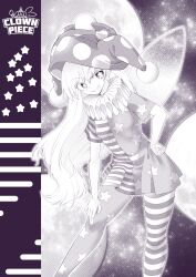 Rule 34 | 0-den, 1girl, absurdres, american flag dress, american flag legwear, clownpiece, dress, fairy, fairy wings, feet out of frame, greyscale, grin, hair between eyes, hat, highres, jester cap, long hair, monochrome, pantyhose, polka dot, polka dot headwear, short sleeves, smile, solo, star (symbol), star print, striped clothes, striped dress, striped pantyhose, touhou, wings