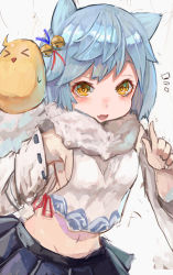 Rule 34 | ^^^, 1girl, animal ears, azur lane, bell, bird, blue hair, blue skirt, breasts, chick, close-up, detached sleeves, fang, fox ears, fubuki (azur lane), hair bell, hair ornament, index finger raised, looking at viewer, medium breasts, midriff, navel, nyucha, open mouth, pleated skirt, scarf, short hair, sideboob, simple background, skirt, smile, solo, white background, white scarf, yellow eyes