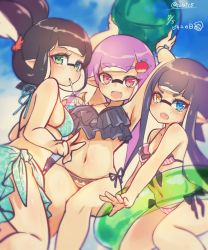 Rule 34 | 3girls, apple hair ornament, aqua bikini, arms up, bad id, bad twitter id, ball, beachball, bikini, bikini day, bikini top only, black bikini, black hair, blue eyes, blunt bangs, blurry, bracelet, breasts, conomi-c5, cup, dated, day, drinking, drinking straw, emblem, fang, fangs, female focus, food-themed hair ornament, frilled bikini, frills, from behind, green eyes, hair ornament, hair up, heterochromia, holding, inkling, inkling girl, inkling player character, jewelry, layered bikini, long hair, looking at viewer, looking back, mask, medium breasts, mismatched bikini, multiple girls, navel, nintendo, open mouth, outdoors, pink bikini, pointy ears, print bikini, purple eyes, purple hair, sarong, side-tie bikini bottom, sky, small breasts, smile, splatoon (series), squid, standing, striped bikini, striped clothes, swimsuit, tentacle hair, twitter username, v, yellow eyes