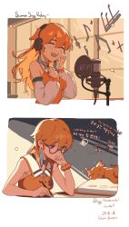 Rule 34 | 1girl, absurdres, arm scrunchie, artist name, blush, cat, chonkers (takanashi kiara), dated, earrings, english text, feather earrings, feathers, gum shrew, hand on own cheek, hand on own face, headphones, highres, hololive, hololive english, jewelry, korean text, long hair, microphone, music, musical note, orange hair, purple eyes, round eyewear, singing, studio microphone, studying, takanashi kiara, takanashi kiara (1st costume), virtual youtuber
