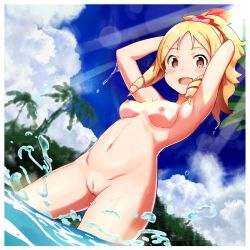 Rule 34 | 10s, 1girl, :d, armpits, arms behind head, arms up, blonde hair, blue sky, blush, bow, breasts, cleft of venus, cloud, day, drill hair, dutch angle, eromanga sensei, female focus, hair bow, hair ornament, high ponytail, highres, lens flare, light rays, long hair, looking at viewer, looking down, navel, nipples, nude, nude filter, open mouth, outdoors, palm tree, parted bangs, ponytail, pussy, red eyes, sidelocks, sky, small breasts, smile, solo, splashing, standing, sun, sunbeam, sunlight, tareme, third-party edit, tomitayaki, tree, twin drills, uncensored, wading, water, water drop, yamada elf
