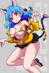 Rule 34 | 1girl, 2022, animal ears, areola slip, artist name, bell, bikini, bikini under clothes, black footwear, black skirt, blue hair, braid, breasts, cat ears, cat girl, cat tail, claw pose, commentary, dated, extra ears, hair ornament, highres, hood, hood down, hooded jacket, jacket, jingle bell, large breasts, leg up, long hair, long sleeves, looking at viewer, low twin braids, low twintails, microskirt, navel, new year, open clothes, open jacket, parted lips, partially unzipped, pleated skirt, pointy ears, precure, purple ribbon, ribbon, ryuuta (cure ryuuta), sandals, signature, skindentation, skirt, slit pupils, solo, standing, standing on one leg, star twinkle precure, striped bikini, striped clothes, swimsuit, tail, tail bell, tail ornament, tail ribbon, text background, twin braids, twintails, yellow bikini, yellow eyes, yellow jacket, yuni (precure), zipper
