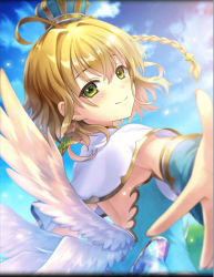 Rule 34 | 1girl, alternate costume, artist request, backless outfit, blonde hair, blush, braid, capelet, cita (phantom of the kill), crown, crown hair ornament, detached sleeves, earrings, green eyes, jewelry, looking at viewer, official art, phantom of the kill, short hair, smile, wings