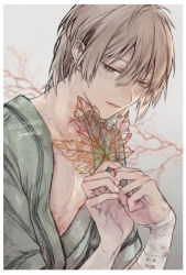 Rule 34 | 1boy, bandaged arm, bandages, bandaid, bandaid on hand, blush, border, brown eyes, commentary request, grey background, hair between eyes, half-closed eyes, holding, holding leaf, hospital gown, isaaki, leaf, light brown hair, light smile, looking at viewer, male focus, original, pale skin, pectoral cleavage, pectorals, scar, short hair, solo, upper body, veins, veiny pectorals, white border