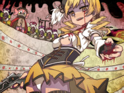 Rule 34 | 10s, 1girl, arched back, bad id, bad pixiv id, beret, blonde hair, blood, bloody tears, breasts, charlotte (madoka magica), corset, creature, drill hair, empty eyes, gun, hat, long hair, magical girl, magical musket, mahou shoujo madoka magica, mahou shoujo madoka magica (anime), medium breasts, nite (ku3456), panties, pantyshot, puffy sleeves, pyotr (madoka magica), rifle, smile, standing, stitches, tomoe mami, torn clothes, twin drills, twintails, underboob, underwear, weapon, white panties, witch&#039;s labyrinth