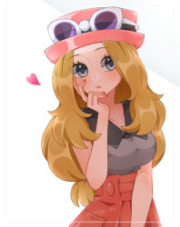 Rule 34 | 1girl, bare shoulders, black eyes, black shirt, blonde hair, blush, breasts, collarbone, commentary request, creatures (company), fingernails, game freak, hand on own face, hat, heart, long hair, looking at viewer, medium breasts, nintendo, pink hat, pink nails, pokemon, pokemon xy, rain (tonight 862), red skirt, serena (pokemon), shirt, simple background, skirt, sleeveless, sleeveless shirt, solo, sunglasses, twitter username, white background