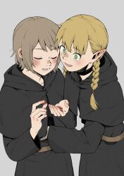Rule 34 | 2girls, absurdres, berry, black capelet, black robe, blush, braid, bright pupils, brown hair, capelet, commentary, dungeon meshi, elf, falin thorden, food, forehead-to-forehead, green eyes, grey background, hashtag only commentary, heads together, highres, holding, holding food, long hair, long sleeves, marcille donato, multiple girls, open mouth, pointy ears, r bishh, robe, short hair, smile, twin braids, upper body, white pupils, yuri