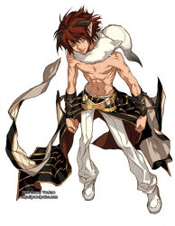 Rule 34 | 1boy, animal, animal around neck, black cape, cape, chain, clenched hand, closed mouth, commentary, detached sleeves, english commentary, fox, full body, grandyoukan, horns, looking to the side, navel, orange eyes, pants, ponytail, professor (ragnarok online), ragnarok online, red hair, shoes, short hair, simple background, solo, standing, striped sleeves, toned, toned male, topless male, waist cape, watermark, web address, white background, white footwear, white pants, white sleeves