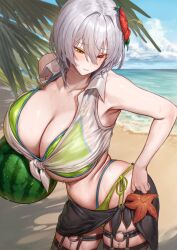 Rule 34 | 1girl, absurdres, alicia renato (yashiro sousaku), artist request, bare arms, bare shoulders, beach, bikini, black skirt, black thighhighs, blush, breasts, check artist, cleavage, collarbone, commentary request, commission, day, flower, food, fruit, green bikini, grey hair, hair between eyes, hair flower, hair ornament, heterochromia, highres, holding, huge breasts, looking down, marse (rokudaime), navel, ocean, original, outdoors, parted lips, red eyes, short hair, skirt, solo, starfish, swimsuit, thighhighs, underboob, water, watermelon, yellow eyes
