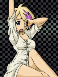 Rule 34 | 1girl, :o, ahoge, arm up, bare legs, black nails, blonde hair, blue eyes, bottomless, breasts, buttons, checkered background, christina marie lacey, cleavage, colored stripes, dress shirt, glee-chan, hair over one eye, hannah abbott, harry potter (series), long sleeves, looking at viewer, multicolored hair, nail polish, naked shirt, open mouth, purple hair, rubbing eyes, shirt, short hair, sitting, sleeves pushed up, solo, stretching, striped, taut clothes, taut shirt, two-tone hair, waking up, white shirt, wizarding world, yawning