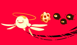 Rule 34 | angel wings, bandaid, bandaid on head, closed eyes, colored sclera, commentary request, dark matter (kirby), darkness, detached wings, extra eyes, following, halo, kirby (series), miracle matter, nintendo, no humans, one-eyed, red background, red sclera, shirushiki, simple background, white wings, wings, yellow eyes, yellow halo, zero two (kirby)