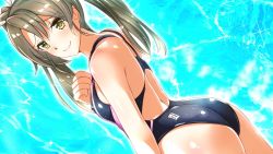 Rule 34 | 1girl, ass, black one-piece swimsuit, blue background, competition swimsuit, cowboy shot, dutch angle, covered erect nipples, flat chest, from behind, green eyes, grey hair, highres, kantai collection, kumichou (nakasato-gumi), long hair, looking at viewer, looking back, one-piece swimsuit, smile, solo, standing, swimsuit, twintails, zuikaku (kancolle)