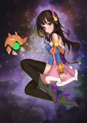 Rule 34 | 1girl, adapted costume, alternate eye color, animal print, arms at sides, bare shoulders, black thighhighs, blue leotard, boots, breasts, brown hair, d.va (overwatch), detached sleeves, facepaint, facial mark, from side, frown, full body, fur trim, grey footwear, headphones, highres, leotard, llk (740486133), long hair, looking at viewer, looking to the side, magical girl, medium breasts, nebula, orange ribbon, overwatch, overwatch 1, parted lips, pinky out, purple eyes, rabbit print, revision, ribbon, solo, space, star (sky), star (symbol), strapless, strapless leotard, swept bangs, thighhighs, whisker markings