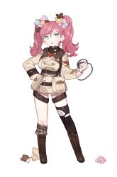 Rule 34 | 1girl, asymmetrical legwear, boots, breasts, character request, cross-laced footwear, full body, green eyes, gwayo, hair ornament, hand on own hip, highres, lace-up boots, long hair, military, military uniform, mismatched legwear, pink hair, simple background, solo, standing, stuffed animal, stuffed toy, teddy bear, teddy bear hair ornament, thighhighs, torn clothes, torn thighhighs, twintails, uniform, whip