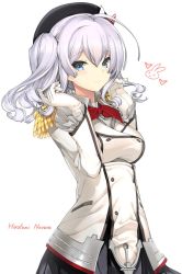 Rule 34 | 10s, 1girl, beret, blush, epaulettes, gloves, hat, kantai collection, kashima (kancolle), kerchief, long hair, looking at viewer, military, military uniform, naruse hirofumi, silver hair, smile, solo, tsurime, twintails, uniform, wavy hair