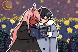 Rule 34 | 10s, 1boy, 1girl, black hair, blush, book, coat, colored skin, couple, darling in the franxx, closed eyes, grey coat, highres, hiro (darling in the franxx), holding, holding book, horns, long hair, pink hair, red skin, short hair, signature, silviadove, zero two (darling in the franxx)