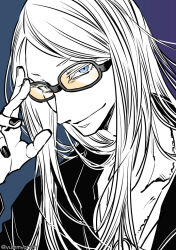 Rule 34 | 1boy, black jacket, black nails, blonde hair, blue background, blue eyes, collarbone, fate/grand order, fate (series), jacket, jewelry, long hair, looking at viewer, male focus, misuke (gyouran), necklace, open clothes, orange-tinted eyewear, simple background, smile, solo, sunglasses, tezcatlipoca (fate), tinted eyewear, upper body