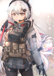 Rule 34 | 1girl, absurdres, black gloves, black pantyhose, body armor, character name, closed mouth, commentary request, dragunov svd, girls&#039; frontline, gloves, gun, headphones, highres, holding case, jacket, long hair, looking at viewer, muteppona hito, pantyhose, rifle, silver hair, simple background, smile, sniper rifle, solo, svd (girls&#039; frontline), tactical clothes, walkie-talkie, weapon, weapon case, yellow eyes