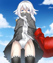 Rule 34 | 1girl, blue eyes, cloud, coat, covered mouth, crotch, day, fate/grand order, fate (series), from below, hairband, kan&#039;yu (citron 82), leotard, looking down, mary read (fate), ribbon, scar, short hair with long locks, silver hair, sky, solo, sword, thighhighs, weapon