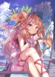 Rule 34 | 10s, 1girl, akieda, bench, bikini, blonde hair, blue flower, blue skirt, cagliostro (granblue fantasy), cloud, cloudy sky, commentary request, crossed legs, cup, dappled sunlight, day, drink, drinking glass, drinking straw, flower, granblue fantasy, hat, hat flower, hibiscus, highres, long hair, looking at viewer, outdoors, pink eyes, red bikini, red flower, sitting, skirt, sky, solo, straw hat, summer, sunlight, swimsuit, wrist cuffs, yellow flower