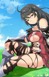 Rule 34 | 1girl, 2017, bare shoulders, bird, black hair, black shorts, black thighhighs, braid, breasts, cloud, day, exlic, grass, highres, long hair, looking at viewer, medium breasts, namco, revealing clothes, shorts, signature, sitting, sky, solo, tales of (series), tales of berseria, thighhighs, torn clothes, torn shorts, torn thighhighs, velvet crowe, yellow eyes